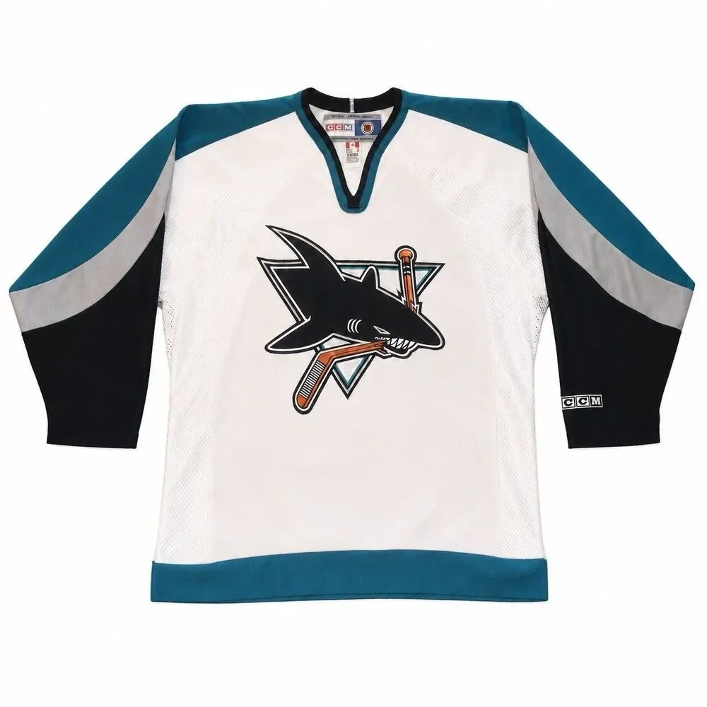 Vintage CCM San Jose Sharks NHL Hockey Jersey White Teal Black Adult L Canada